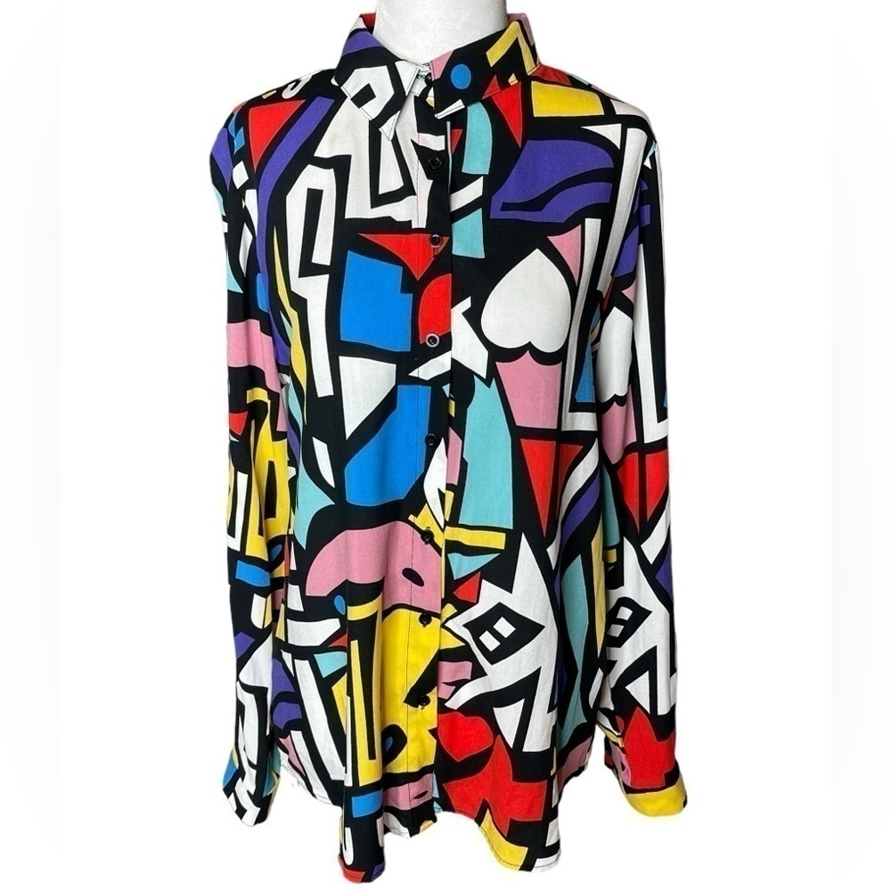 Big Dart Vintage 80s GEOMETRIC Pop Art Button Up Top Color Block Size Medium NWT - Picture 3 of 15